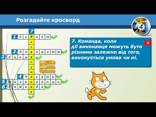 Розгадайте кросворд 1 Алгоритм, створений у програмі Скретч. 7 2 2. Послідовність