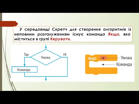 У середовищі Скретч для створення алгоритмів із неповним розгалуженням існує команда Якщо,