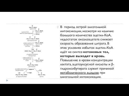 В период острой алкогольной интоксикации, несмотря на наличие большого количества ацетил-КоА, недостаток