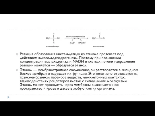 Реакция образования ацетальдегида из этанола протекает под действием алкогольдегидрогеназы. Поэтому при повышении