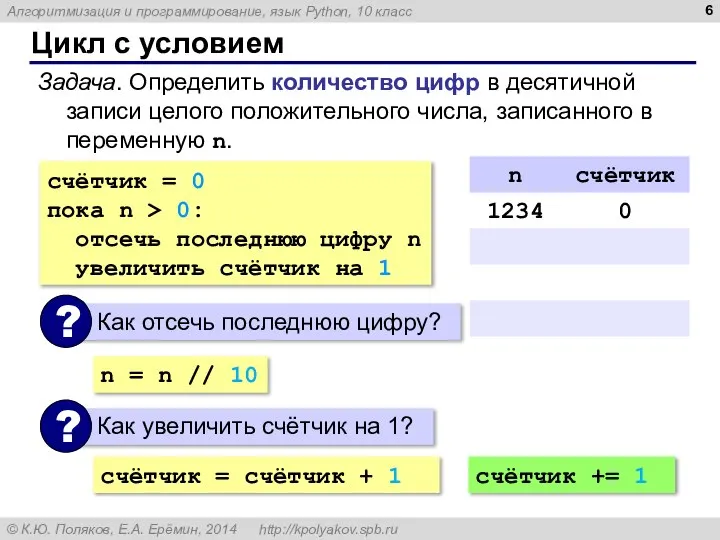 Цикл с условием Задача. Определить количество цифр в десятичной записи целого положительного