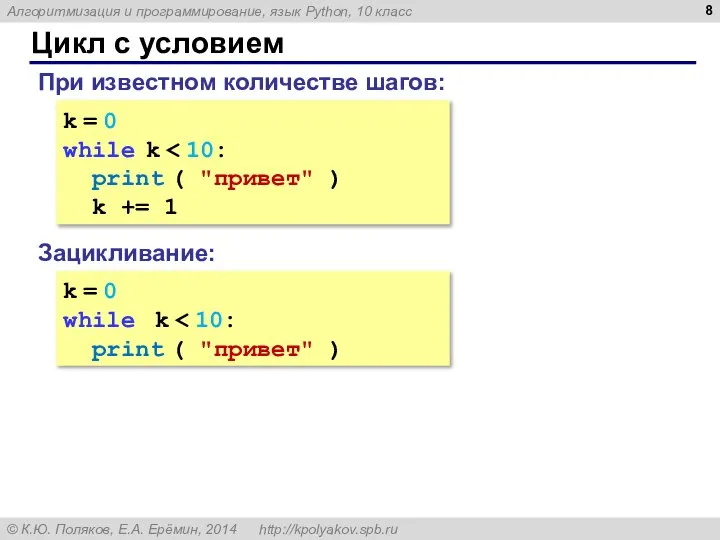 Цикл с условием k = 0 while k print ( "привет" )