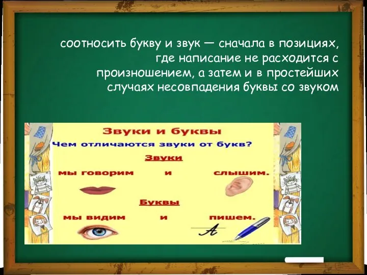 соотносить букву и звук — сначала в позициях, где написание не расходится