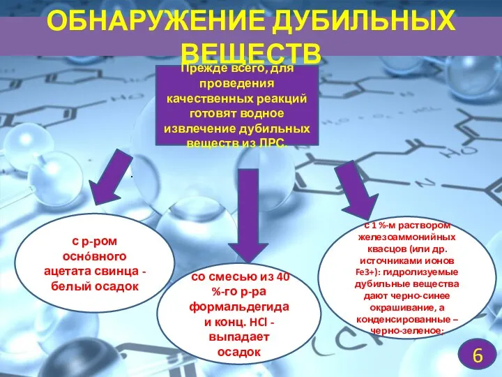 ОБНАРУЖЕНИЕ ДУБИЛЬНЫХ ВЕЩЕСТВ 6 . Прежде всего, для проведения качественных реакций готовят