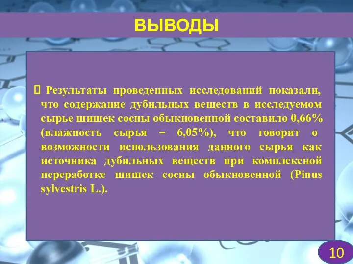 ВЫВОДЫ Результаты проведенных исследований показали, что содержание дубильных веществ в исследуемом сырье