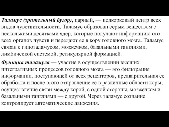 Таламус (зрительный бугор), парный, — подкорковый центр всех видов чувствительности. Таламус образован