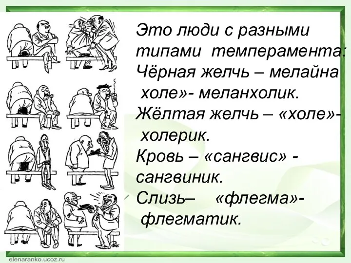 Это люди с разными типами темперамента: Чёрная желчь – мелайна холе»- меланхолик.