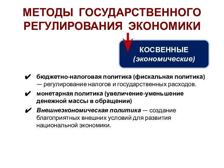 МЕТОДЫ ГОСУДАРСТВЕННОГО РЕГУЛИРОВАНИЯ ЭКОНОМИКИ КОСВЕННЫЕ (экономические) бюджетно-налоговая политика (фискальная политика) — регулирование