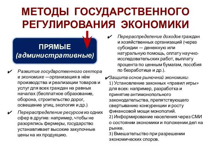 МЕТОДЫ ГОСУДАРСТВЕННОГО РЕГУЛИРОВАНИЯ ЭКОНОМИКИ ПРЯМЫЕ (административные) Развитие государственного сектора в экономике —организация