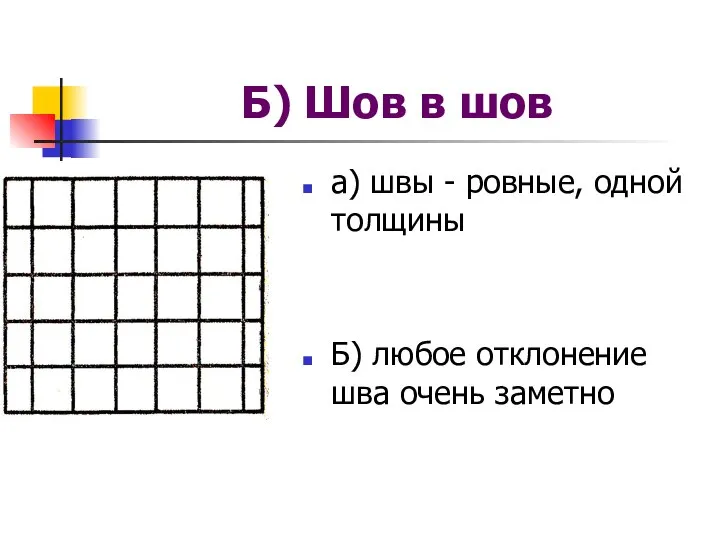 Б) Шов в шов а) швы - ровные, одной толщины Б) любое отклонение шва очень заметно