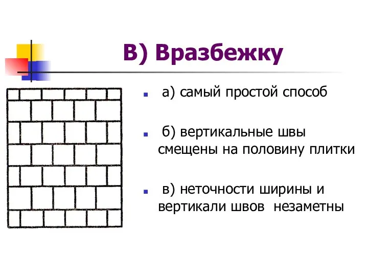 В) Вразбежку а) самый простой способ б) вертикальные швы смещены на половину