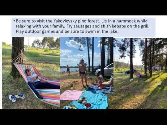 Be sure to visit the Yakovlevsky pine forest. Lie in a hammock