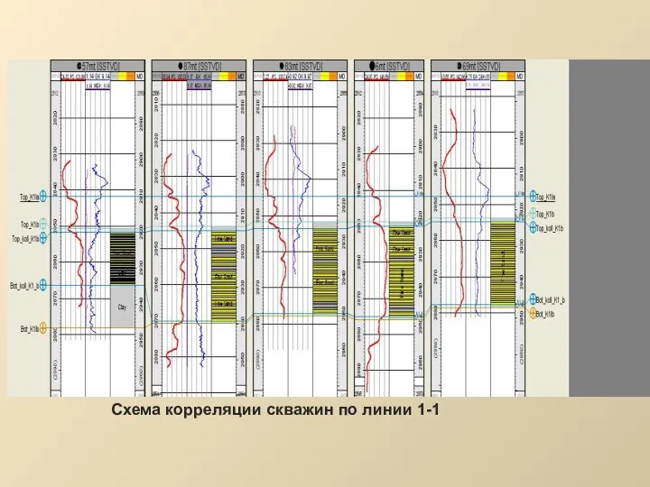 Схема корреляции скважин по линии 1-1