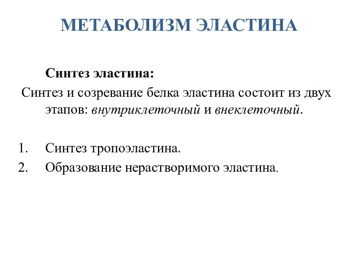 МЕТАБОЛИЗМ ЭЛАСТИНА Синтез эластина: Синтез и созревание белка эластина состоит из двух