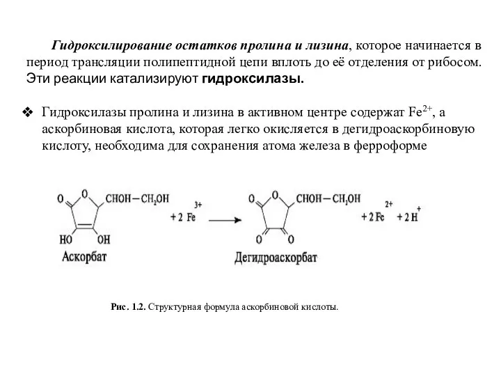 Рис. 1.2. Структурная формула аскорбиновой кислоты. Гидроксилирование остатков пролина и лизина, которое