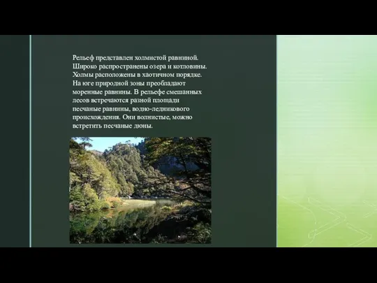 Рельеф представлен холмистой равниной. Широко распространены озера и котловины. Холмы расположены в