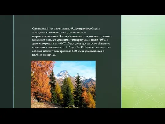 Смешанный лес значительно более приспособлен к холодным климатическим условиям, чем широколиственный. Здесь