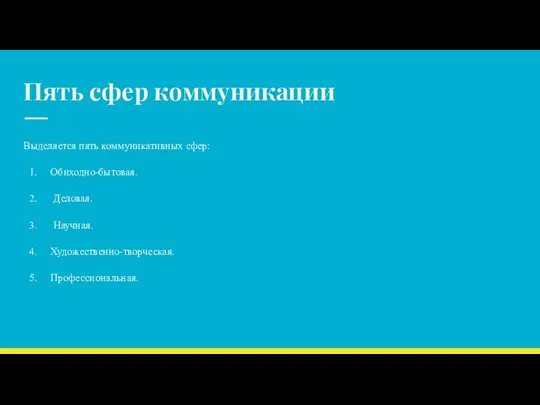 Пять сфер коммуникации Выделяется пять коммуникативных сфер: Обиходно-бытовая. Деловая. Научная. Художественно-творческая. Профессиональная.