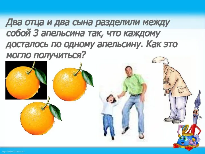 Два отца и два сына разделили между собой 3 апельсина так, что