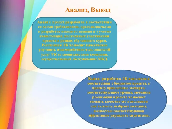Анализ, Вывод Анализ: проект разработан в соответствии со всеми требованиями, предъявляемыми к
