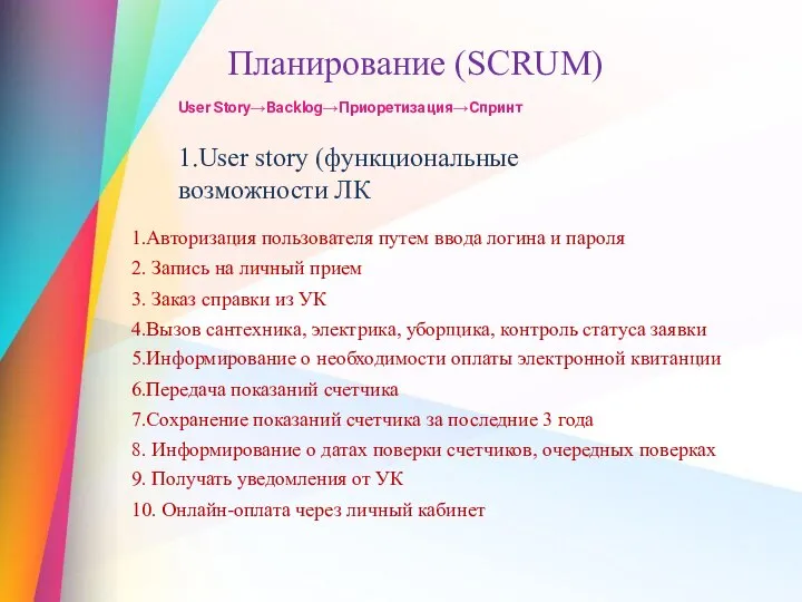 3 3 Планирование (SCRUM) User Story→Backlog→Приоретизация→Спринт 1.User story (функциональные возможности ЛК