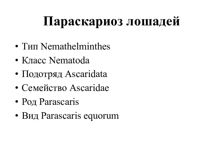 Параскариоз лошадей Тип Nemathelminthes Класс Nematoda Подотряд Ascaridata Семейство Ascaridae Род Parascaris Вид Parascaris equorum