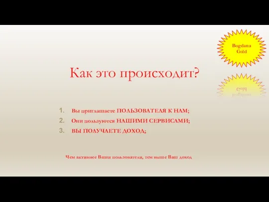 Как это происходит? Вы приглашаете ПОЛЬЗОВАТЕЛЯ К НАМ; Они пользуются НАШИМИ СЕРВИСАМИ;