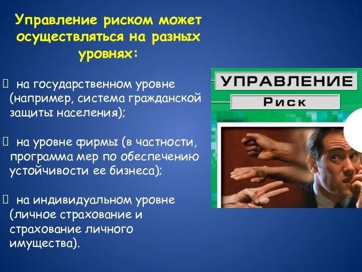 Управление риском может осуществляться на разных уровнях: на государственном уровне (например, система