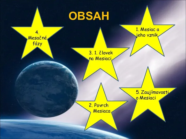 OBSAH 1. Mesiac a jeho vznik 4. Mesačné fázy 3. 1. človek
