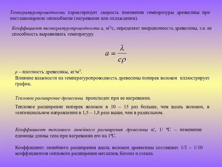 Температуропроводность характеризует скорость изменения температуры древесины при нестационарном теплообмене (нагревании или охлаждении).