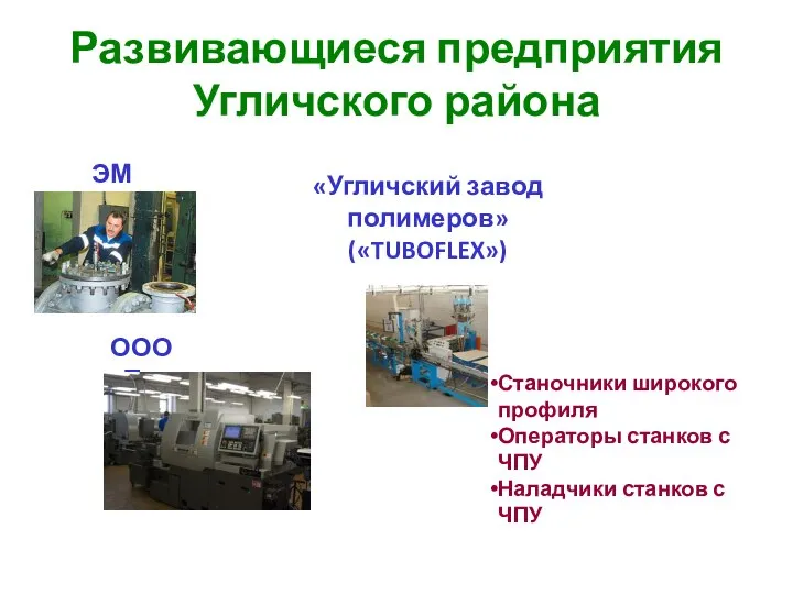 Развивающиеся предприятия Угличского района ЭМЗ ООО «Точность» «Угличский завод полимеров» («TUBOFLEX») Станочники