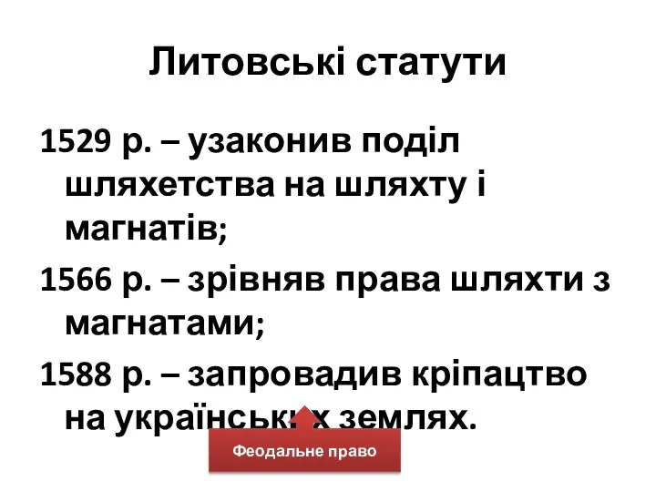 Литовські статути 1529 р. – узаконив поділ шляхетства на шляхту і магнатів;