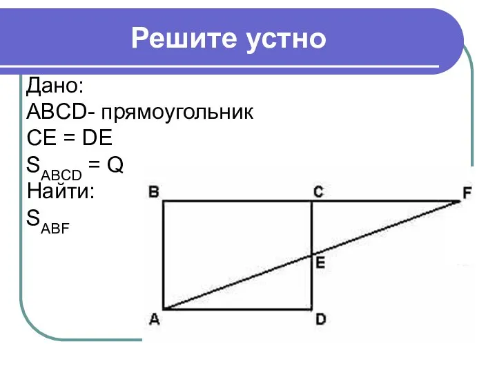 Решите устно Дано: ABCD- прямоугольник CE = DE SABCD = Q Найти: SABF