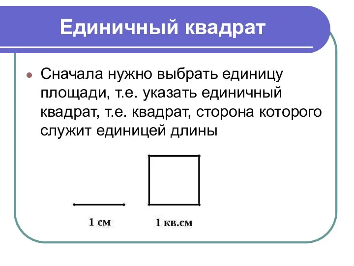Единичный квадрат Сначала нужно выбрать единицу площади, т.е. указать единичный квадрат, т.е.