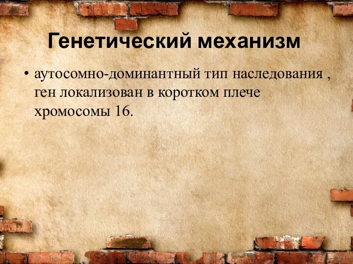 Генетический механизм аутосомно-доминантный тип наследования , ген локализован в коротком плече хромосомы 16.