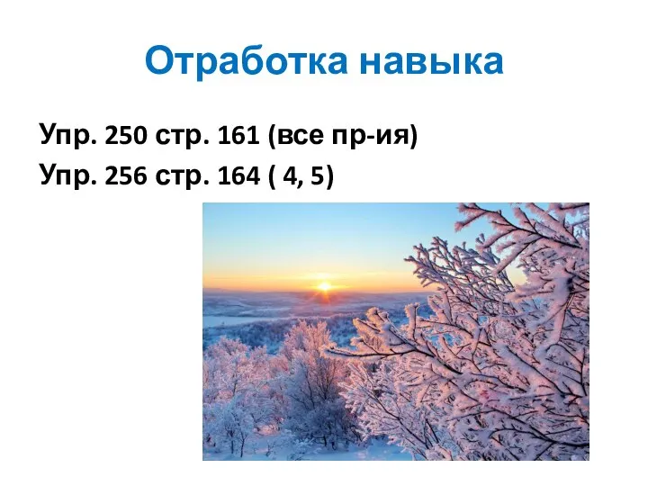 Отработка навыка Упр. 250 стр. 161 (все пр-ия) Упр. 256 стр. 164 ( 4, 5)