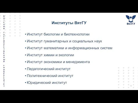 Институты ВятГУ Институт биологии и биотехнологии Институт гуманитарных и социальных наук Институт