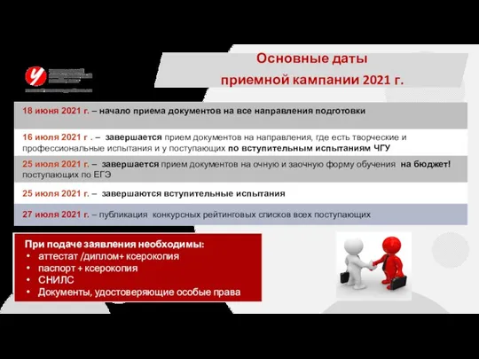 Основные даты приемной кампании 2021 г. При подаче заявления необходимы: аттестат /диплом+