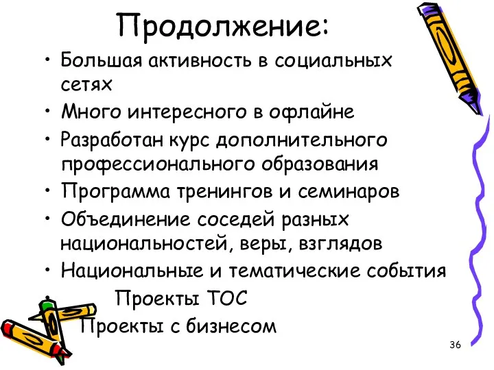 Продолжение: Большая активность в социальных сетях Много интересного в офлайне Разработан курс