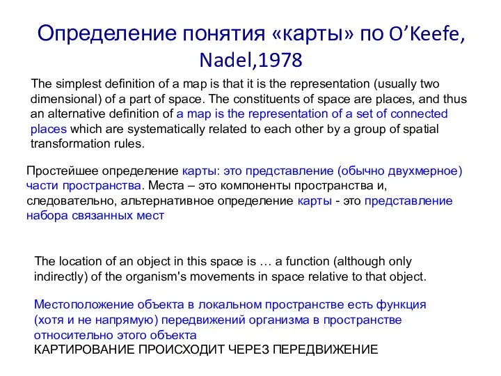 Определение понятия «карты» по O’Keefe, Nadel,1978 The simplest definition of a map