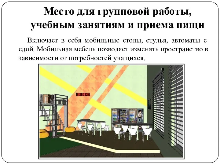 Включает в себя мобильные столы, стулья, автоматы с едой. Мобильная мебель позволяет