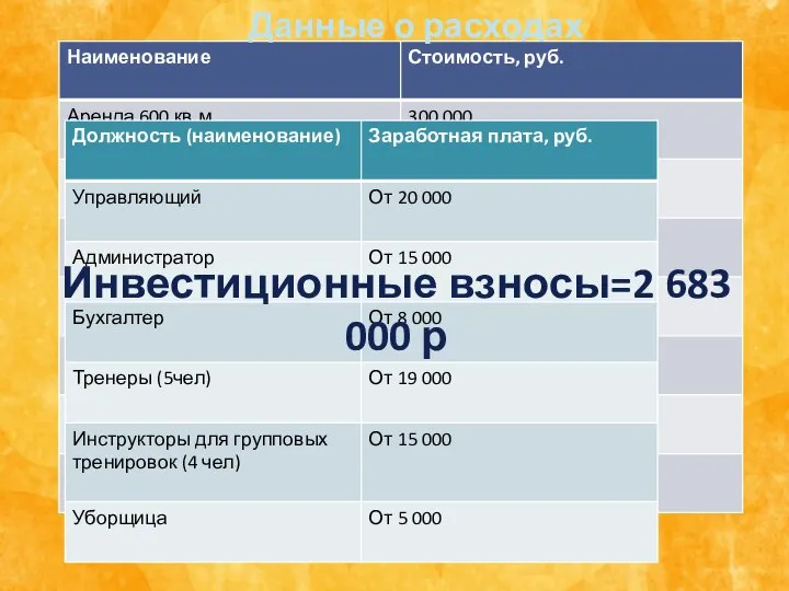 Данные о расходах Инвестиционные взносы=2 683 000 р