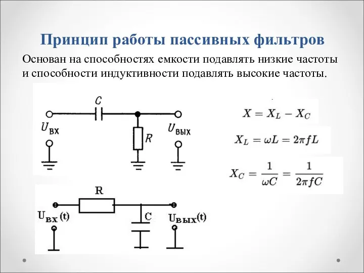 Принцип работы пассивных фильтров Основан на способностях емкости подавлять низкие частоты и