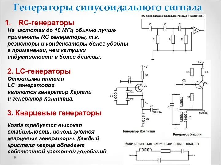 Генераторы синусоидального сигнала RC-генераторы На частотах до 10 МГц обычно лучше применять