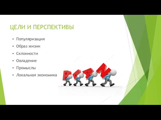 ЦЕЛИ И ПЕРСПЕКТИВЫ Популяризация Образ жизни Склонности Овладение Промыслы Локальная экономика