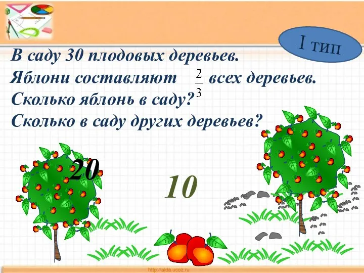 В саду 30 плодовых деревьев. Яблони составляют всех деревьев. Сколько яблонь в