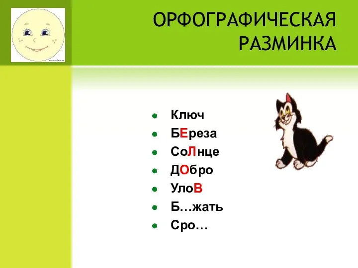 ОРФОГРАФИЧЕСКАЯ РАЗМИНКА Ключ БЕреза СоЛнце ДОбро УлоВ Б…жать Сро…