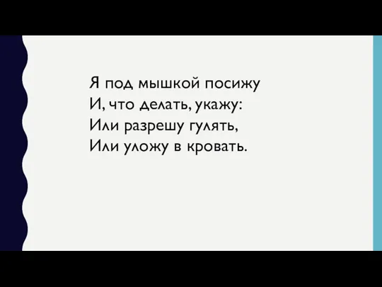 Я под мышкой посижу И, что делать, укажу: Или разрешу гулять, Или уложу в кровать.