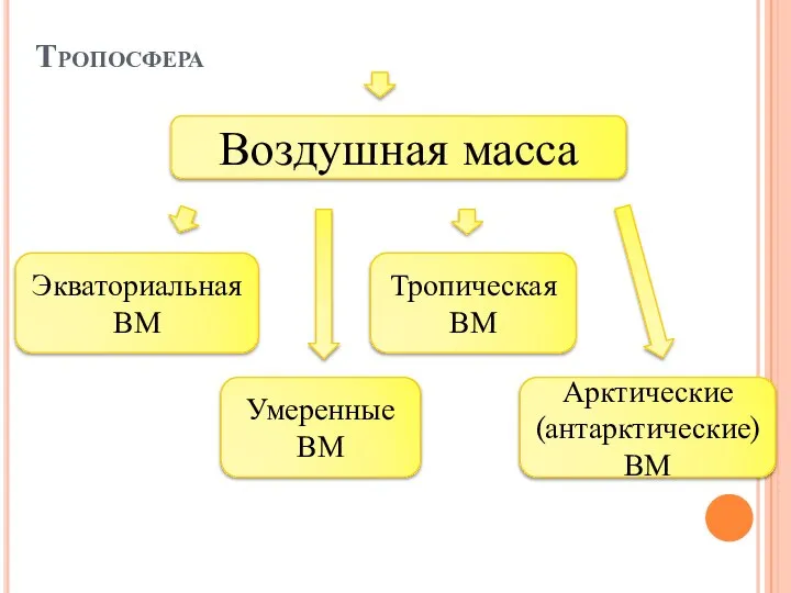 Тропосфера Воздушная масса Экваториальная ВМ Умеренные ВМ Тропическая ВМ Арктические (антарктические) ВМ