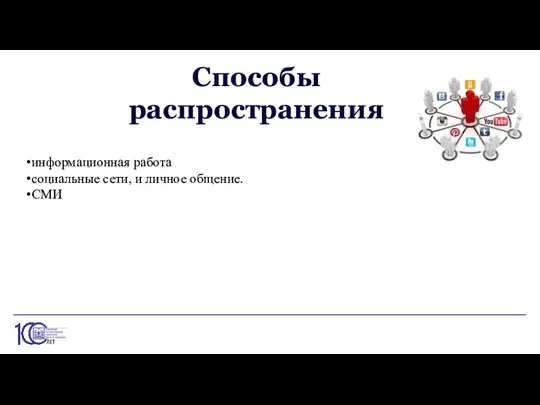 Способы распространения информационная работа социальные сети, и личное общение. СМИ